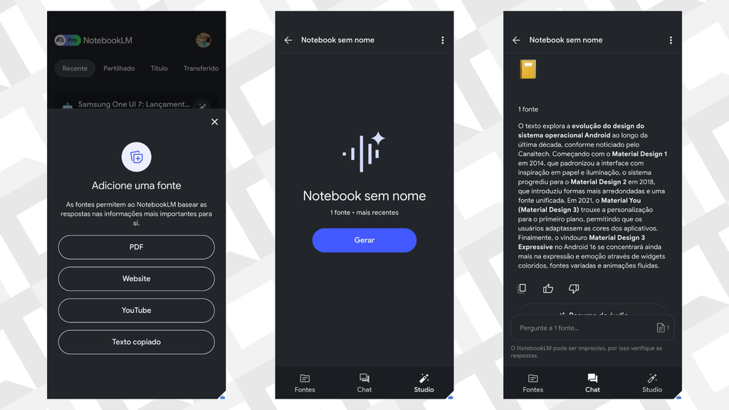 Capturas do app NotebookLM