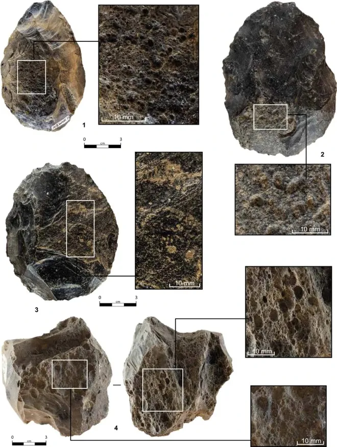 Uma das obsidianas lascadas pelos antigos etíopes, mostrando a complexidade do trabalho de lascagem (Imagem:Mussi et al./Nature Ecology & Evolution)