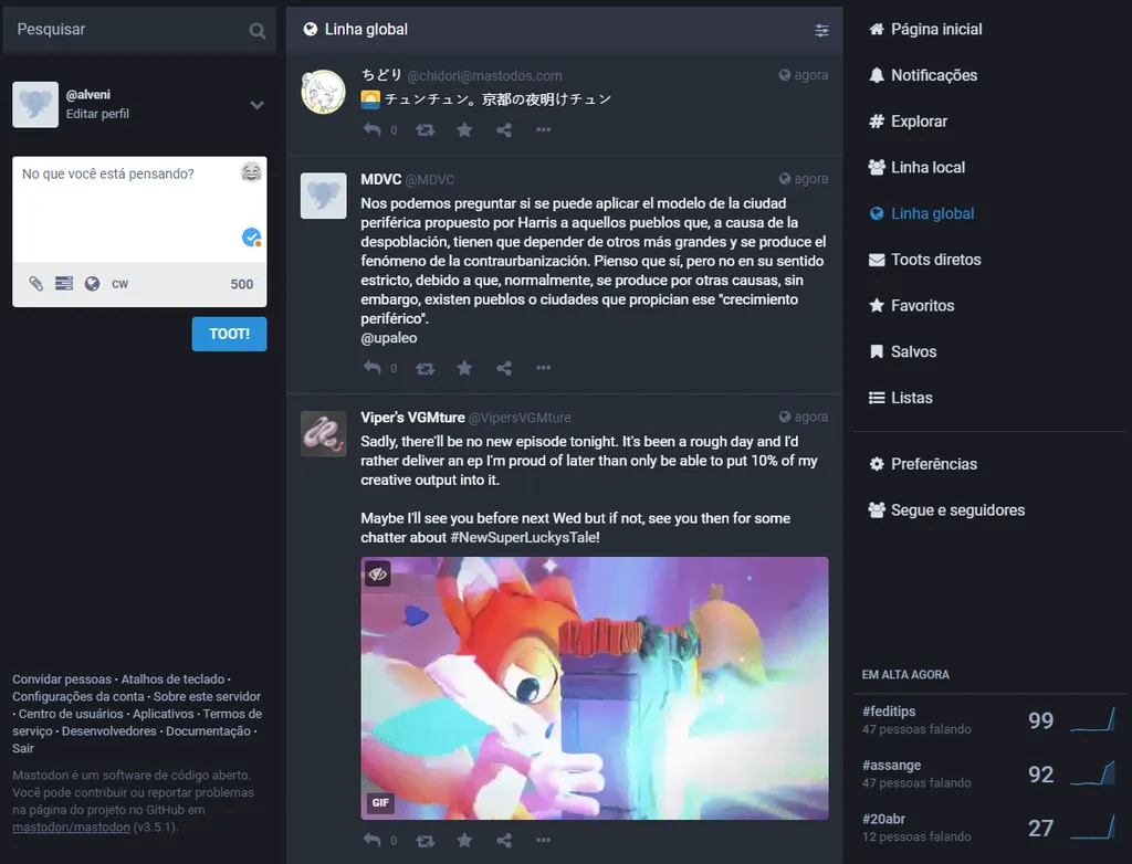 A tela inicial do Mastodon é bem parecida com o Twitter, por isso algumas pessoas decidiram migrar (Imagem: Captura de tela/Alveni Lisboa/Canaltech)