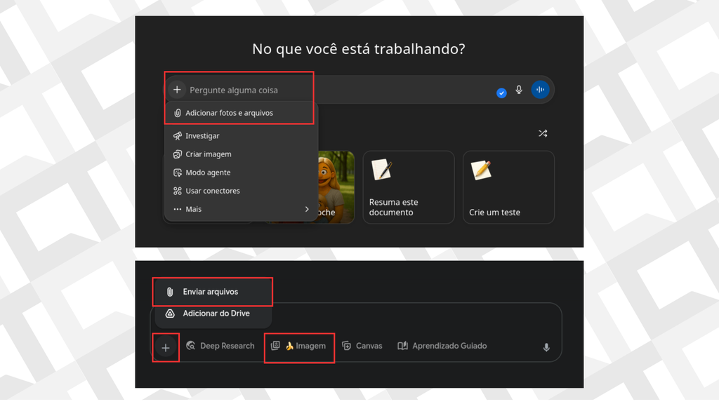 Veja como enviar fotos para o ChatGPT (cima) e Gemini (baixo) (Imagem: Captura de tela/Bruno De Blasi/Canaltech)