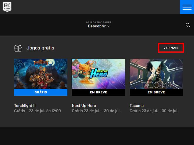 Abra o site da Epic Games Store, procure a seção "Jogos grátis" e clique em "Ver mais" (Captura de tela: Matheus Bigogno)