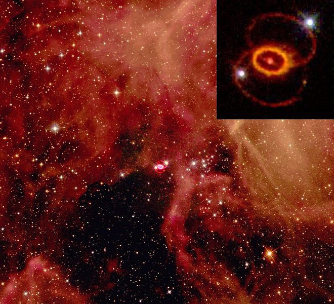 Anéis em torno da Supernova 1987A, com a ejeção da explosão da Supernova no centro do anel inteiro
