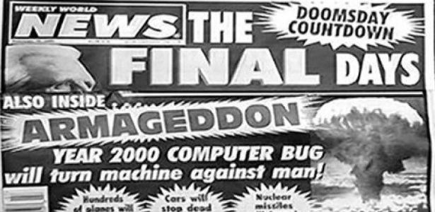 Piada sobre o fim do mundo em 2000 e o bug do milênio feita pelo tabloide satírico Weekly World News (Imagem: Reprodução)