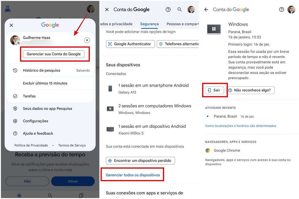 Você pode desconectar a conta de Google de aparelhos selecionados (Imagem: Captura de tela/Guilherme Haas/Canaltech)
