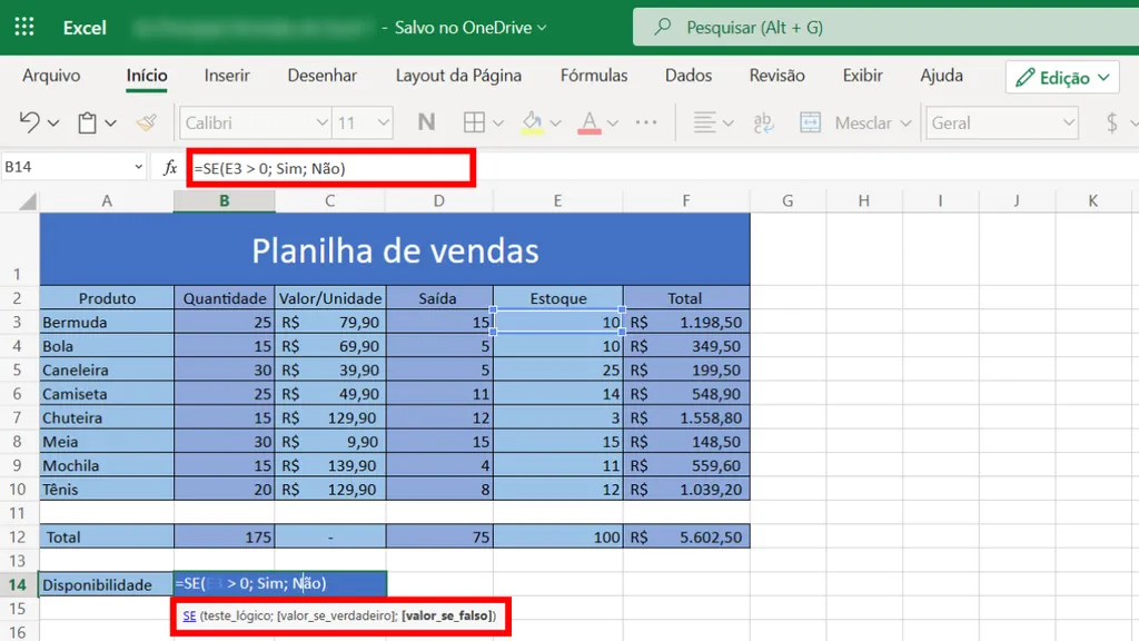 Você pode encontrar as fórmulas do Excel usando o sinal "=" (Captura de tela: Canaltech/Felipe Freitas)