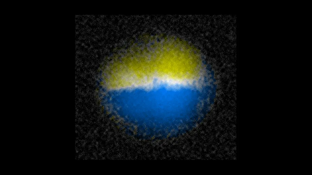 Os pesquisadores criaram uma "parede de domínio" intencionalmente, mostrado nesta imagem como a linha mais clara entre dois grupos de átomos (Imagem: Reprodução/Kai-Xuan Yao)