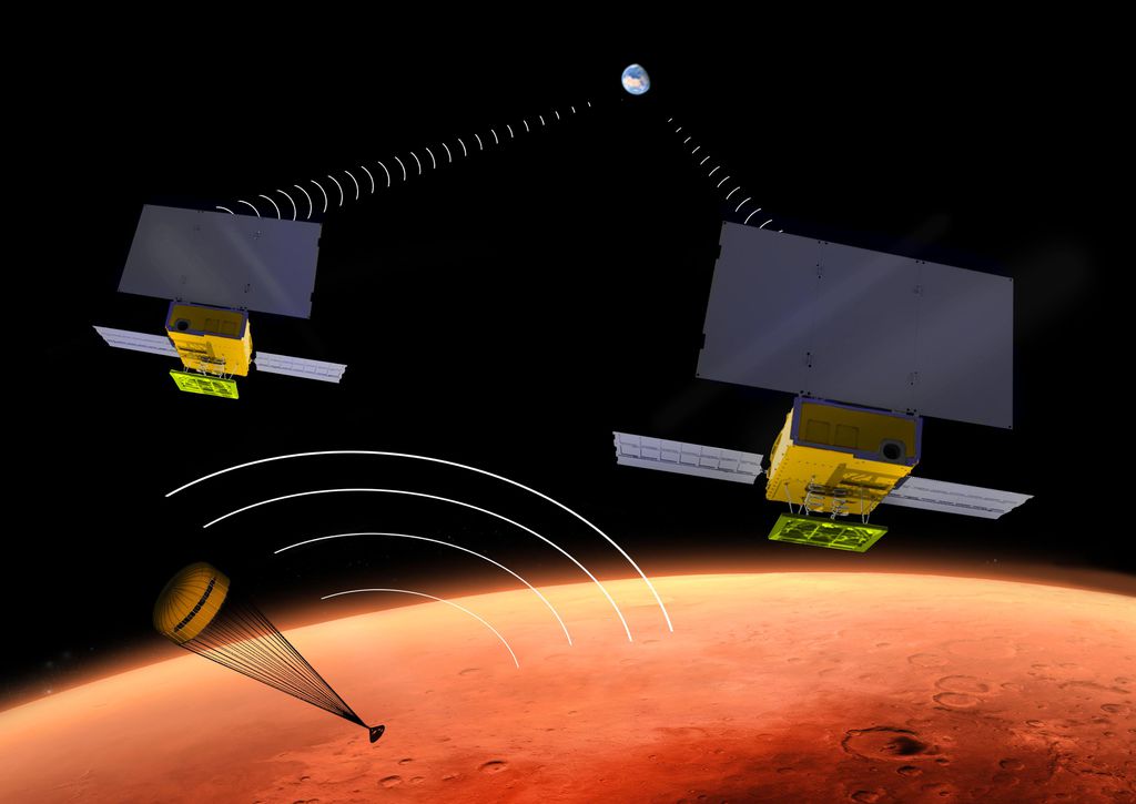 Arte mostra os dois CubeSats acima de Marte enquanto a sonda InSight faz sua descida (Imagem: NASA)