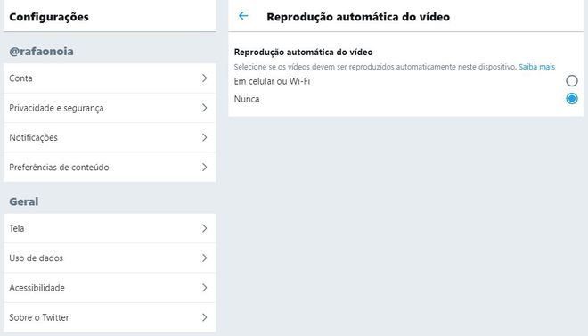 No "novo" Twitter, a opção de reprodução de vídeos pode ser encontrado no menu "Uso de dados" (Captura: Rafael Rodrigues/Canaltech)