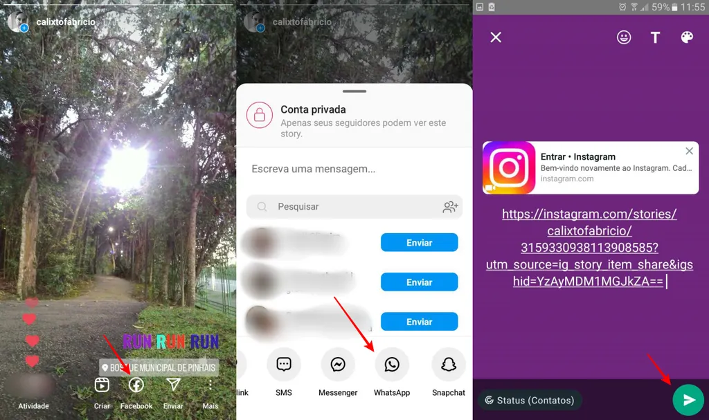 Apesar de não reproduzir a mídia na íntegra, ainda sim você pode postar um link de Story no Status do WhatsApp (Imagem: Captura de tela/Fabrício Calixto/Canaltech)