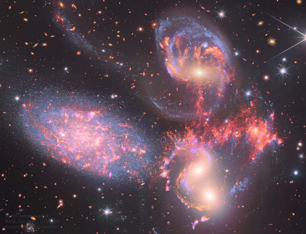 A galáxia NGC 7319, uma das que foi estudada, faz parte do Quinteto de Stephan, a cerca de 311 milhões de anos-luz (Imagem: Reprodução/Webb, Hubble, Subaru, STScI;R. Gendler)