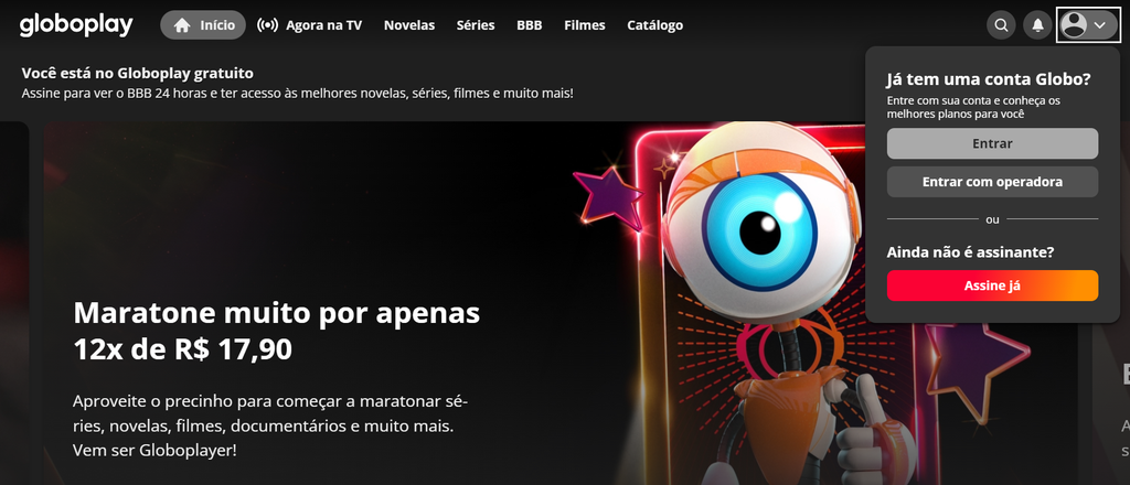 Crie uma conta Globo para assistir à Rede Globo gratuitamente (Imagem: Captura de tela/Guilherme Haas/Canaltech)