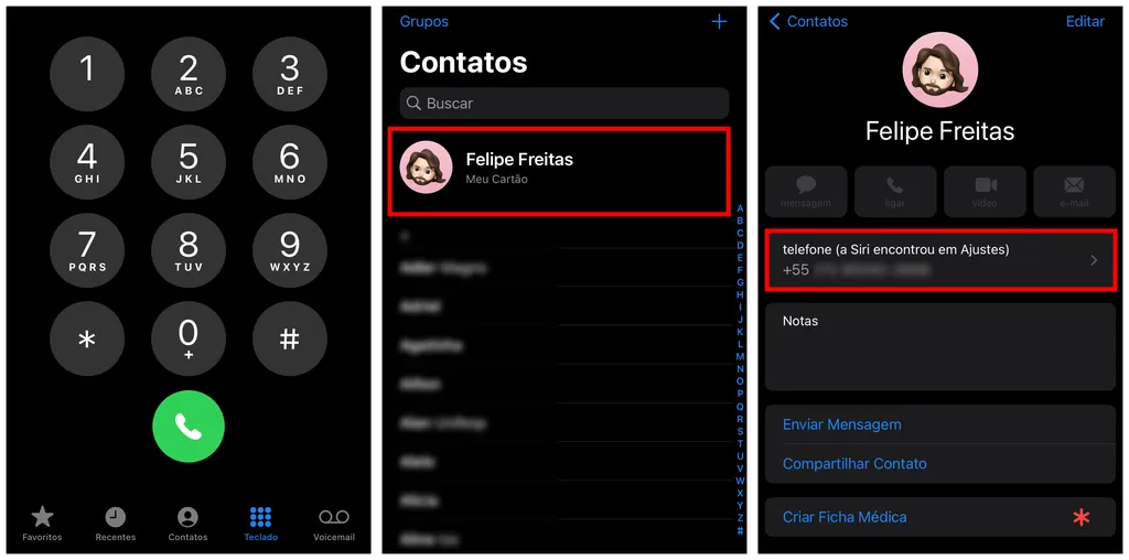 Veja como seu número está salvo nos contatos do iOS (Captura de tela: Canaltech/Felipe Freitas)