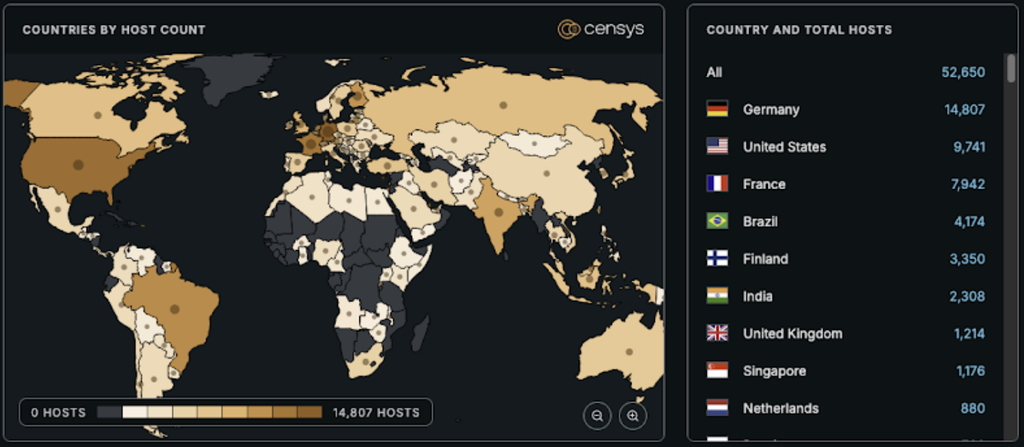 Servidores vulneráveis às falhas de segurança do Coolify, segundo levantamento (Imagem: Censys/Divulgação) 