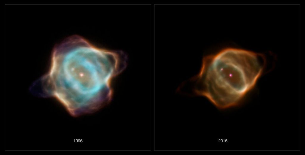 A comparação das imagens feitas pelo Hubble deixa evidente como o brilho da nebulosa e sua forma mudaram durante dez anos (Imagem: Reprodução/NASA, ESA, B. Balick, M. Guerrero, G. Ramos-Larios/Space Telescope)