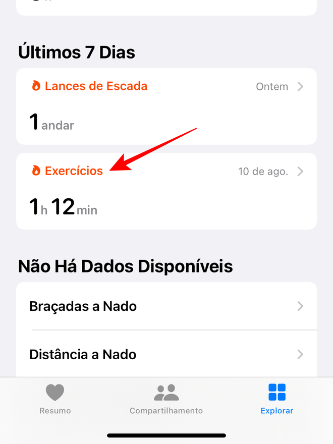 Entre nos dados de Exercícios do app Saúde - Captura de tela: Thiago Furquim (Canaltech)