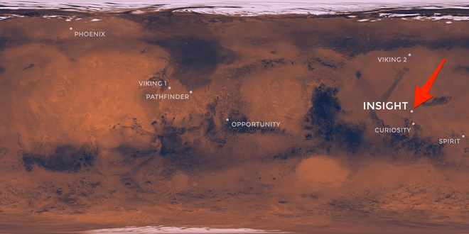Onde outras sondas da NASA pousaram em Marte, com destaque para onde a InSight está agora e ali continuará (Foto: NASA)