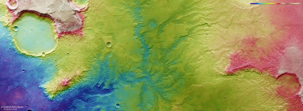 A mesma imagem com visão topográfica. As áreas em azul e roxo são as de menor altitude, com as regiões brancas, amarelas e vermelhas mostrando áreas de maior altitude (Foto: ESA/DLR/Universidade Livre de Berlim)