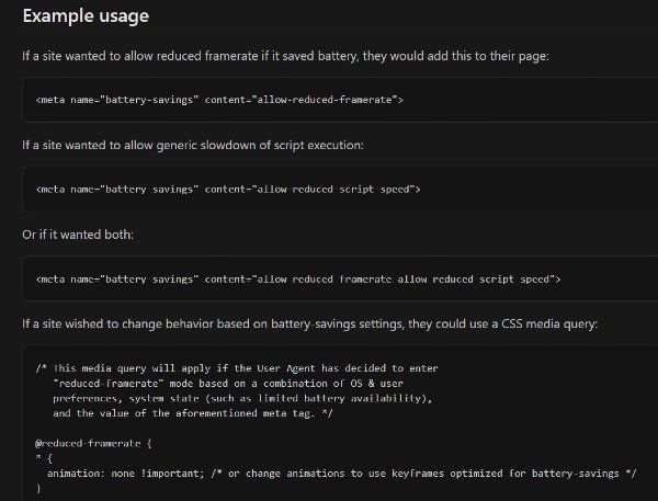 Exemplo de uma metatag HTML de economia de bateria no Chrome (Reprodução: TheWindowsClub)