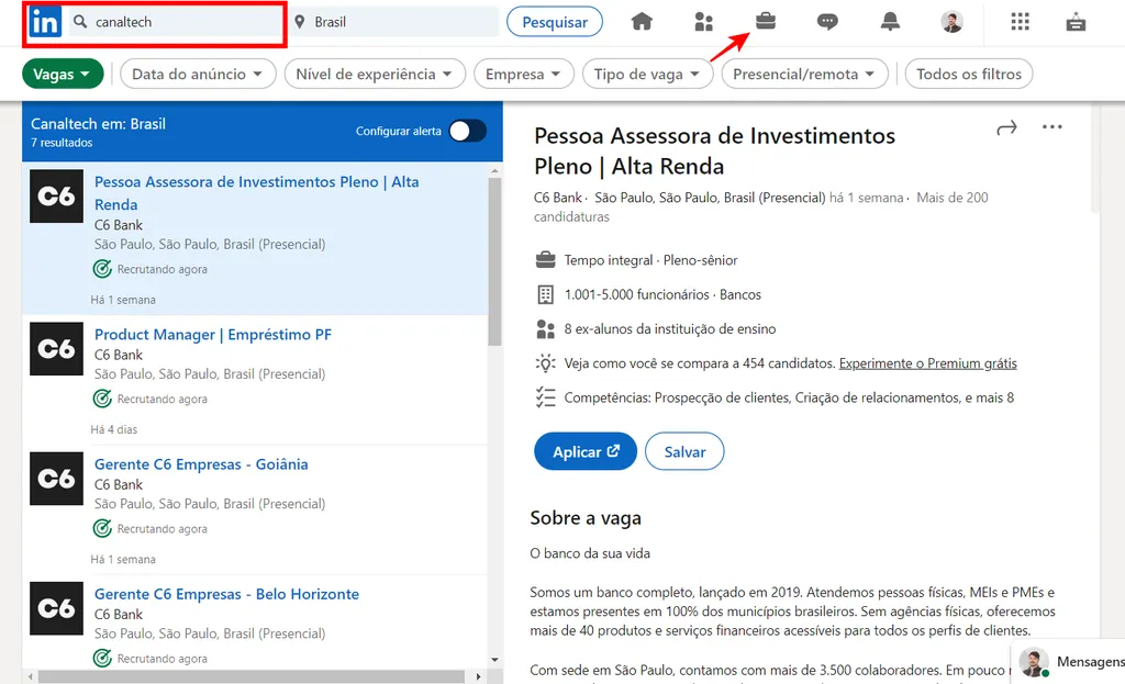 O LinkedIn conta com uma barra dedicada à pesquisa de vagas (Imagem: Captura de tela/Fabrício Calixto/Canaltech)