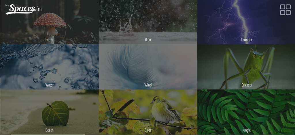 O menu completo do Spaces FM, com os nove ambientes (floresta, chuva, trovão, água, vento, grilos, praia, pássaros e selva) Foto: captura de tela/Spaces FM