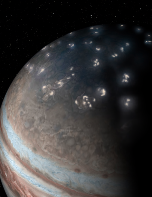 Essa não é uma foto real,, mas uma arte criada à semelhança de como são os relâmpagos de Júpiter (Imagem: NASA)