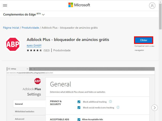 Acesse a página do AdBlock Plus no Microsoft Edge e clique em "Obter" (Captura de tela: Matheus Bigogno)