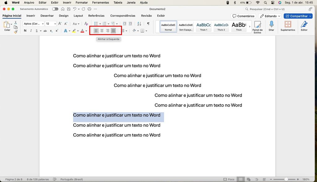 Use os botões de formatação na barra de ferramentas para alinhar e formatar texto no Word (Imagem: Captura de tela/Guilherme Haas/Canaltech)