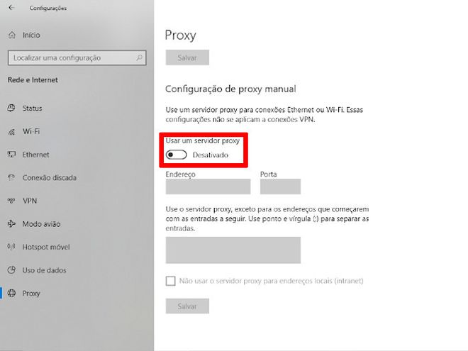 Habilite a função "Usar um servidor proxy" na parte "Configuração de proxy manual" (Captura de tela: Matheus Bigogno)