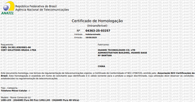 Certificado de homologação anatel huawei pura 80 ultra