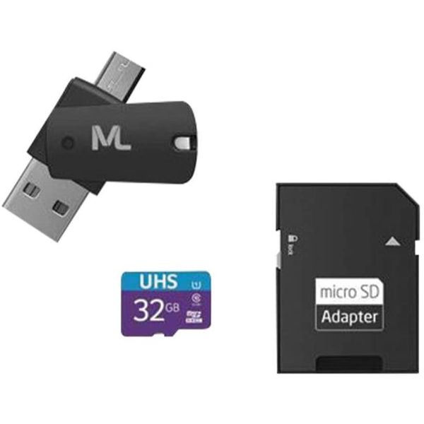 Cartão de Memória 4X1 Ultra High Speed até 80 Mb/S UHSL 32GB + Adaptador SD USB Dual MC151 Classe 10, Multilaser, Cartões SD, Preto