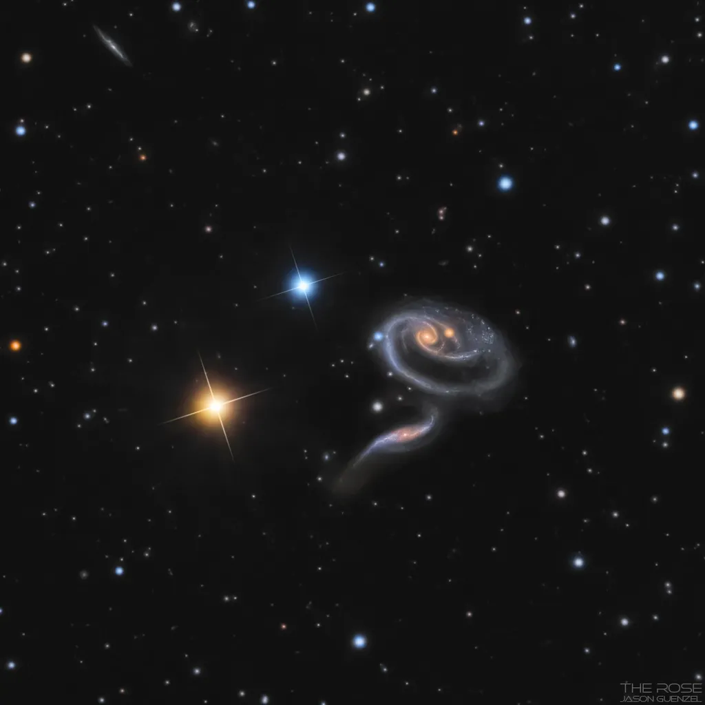O par de galáxias Arp 273, distorcido devido às marés gravitacionais (Imagem: Reprodução/Jason Guenzel)