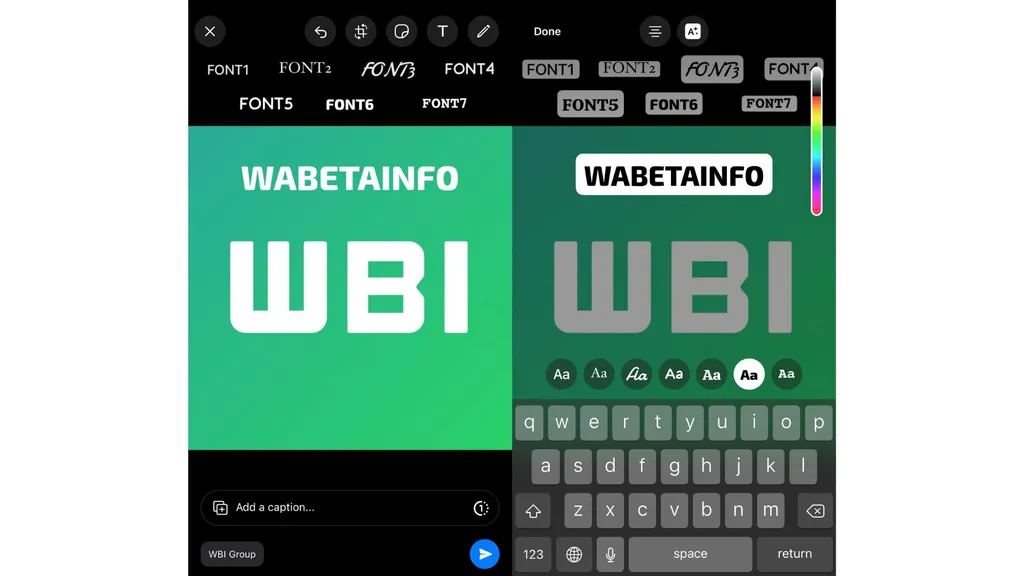 O usuário pode escrever um texto e tocar nas fontes para alternar estilos e cores (Imagem: Reprodução/WABetaInfo)