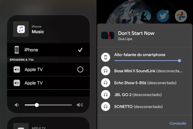 Agora o Android 11 permite alternar em qual disposiivo reproduz a sua música, assim como o AirPlay (Imagem: Matheus Bigogno/Canaltech)