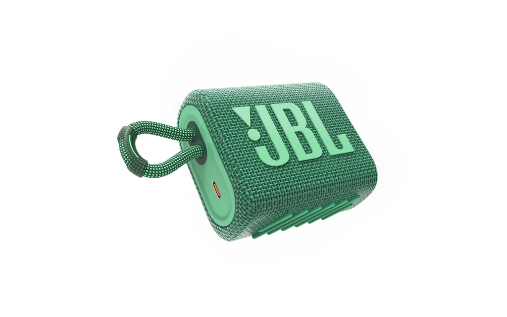 A caixa de som JBL Go 3 Eco mantém o mesmo visual da antiga versão, mas é feita com material sustentável (Imagem: Divulgação/JBL)