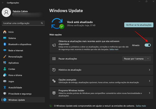 O Windows Update garante que sua máquina esteja sempre atualizada e eventualmente protegida de ameaças digitais (Imagem: Captura de tela/Fabrício Calixto/Canaltech)