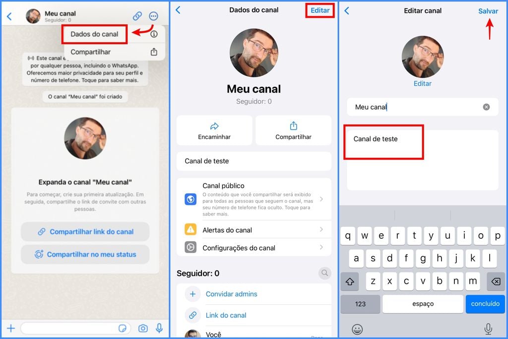 Como atualizar a descrição de um canal no WhatsApp para iOS (Imagem: Captura de tela/Guilherme Haas/Canaltech)