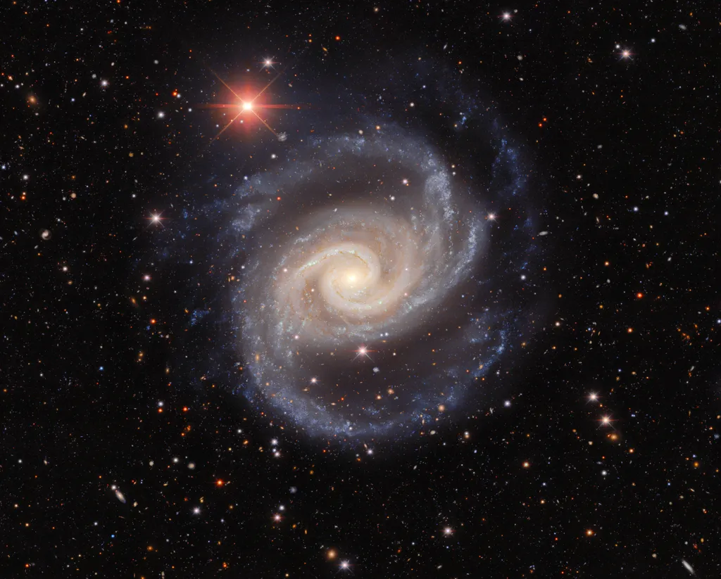 A galáxia NGC 1566 costuma ser bastante estudada por astrônomos aprendendo sobre grupos de galáxias, estrelas de diferentes idades e buracos negros (Imagem: Reprodução/Dark Energy Survey/DOE/FNAL/DECam/CTIO/NOIRLab/NSF/AURA