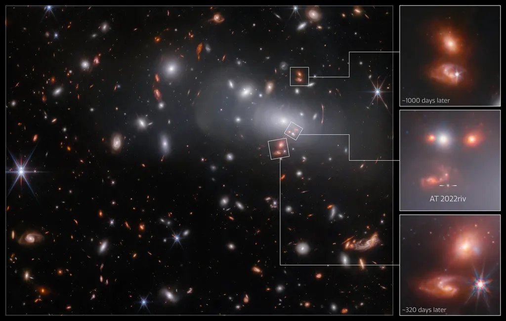 Detalhe com as diferentes imagens da galáxia, capturadas pelo James Webb (Imagem: Reprodução/ESA/Webb, NASA & CSA, P. Kelly)