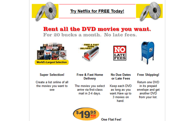 O site da Netflix oferecia serviço de locação de DVDs online (Imagem: Reprodução/Web Design Museum)