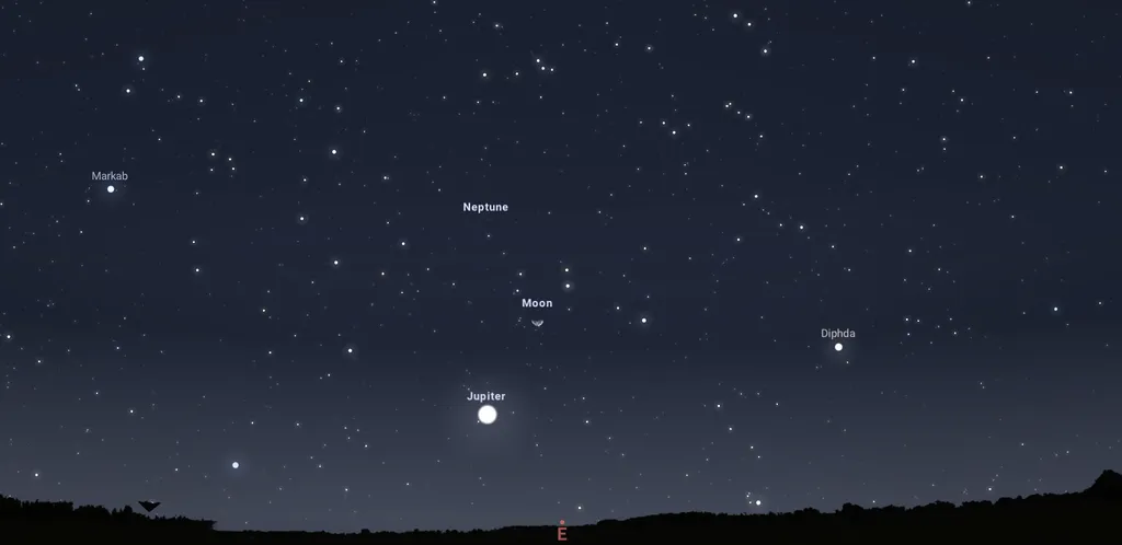 Simulação da posição da Lua e Júpiter no início da madrugada na região sudeste (Imagem: Captura de tela/Stellarium)