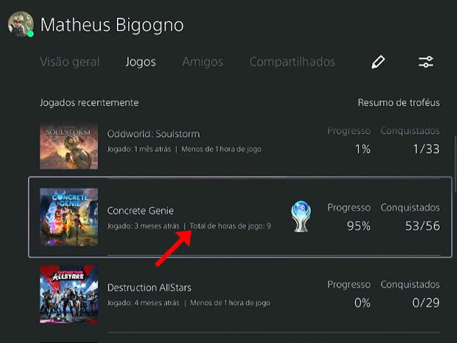 Localize um dos jogos da lista e localize o item "Total de horas de jogo" (Captura de tela: Matheus Bigogno)