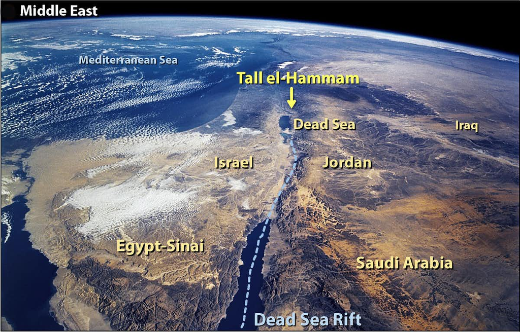 A cidade de Telel Hamã, a pouco mais de 10 km do Mar Morto (Imagem: Reprodução/NASA)