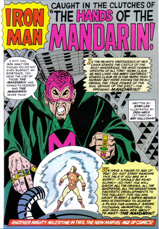 A representação original do Mandarim era bem racista e já trazia os anéis (Imagem: Reprodução/Marvel Comics)