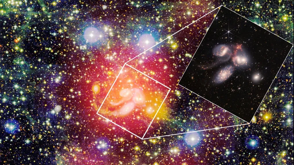 O hidrogênio atômico aparece em vermelho, cercando o Quinteto de Stephan (Imagem: Reprodução/NASA, ESA, CSA, STScI)