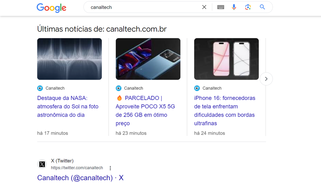 Google traz informações relevantes e notícias atualizadas na página de resultados (Imagem: Captura de tela/Guilherme Haas/Canaltech)