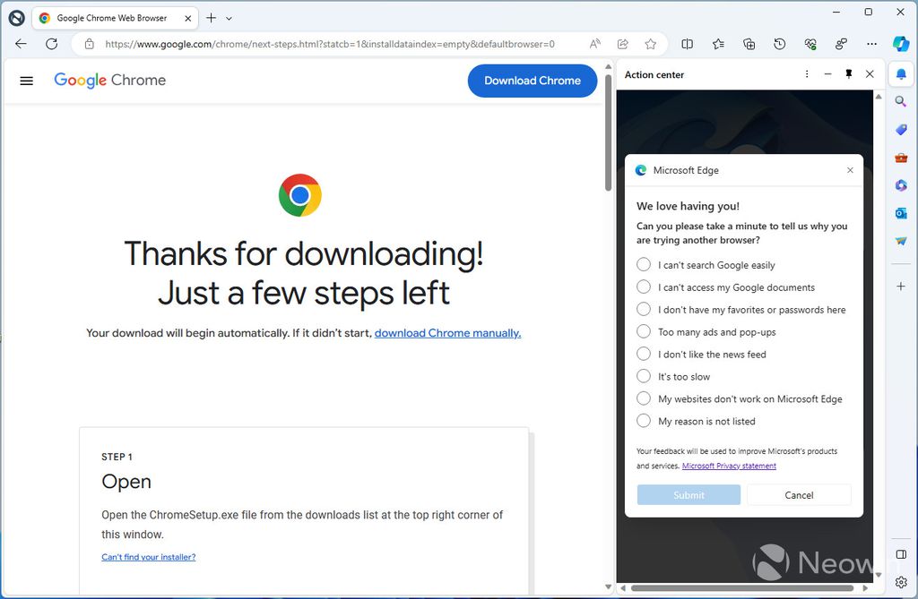 Edge questiona usuários que fazem download do Chrome