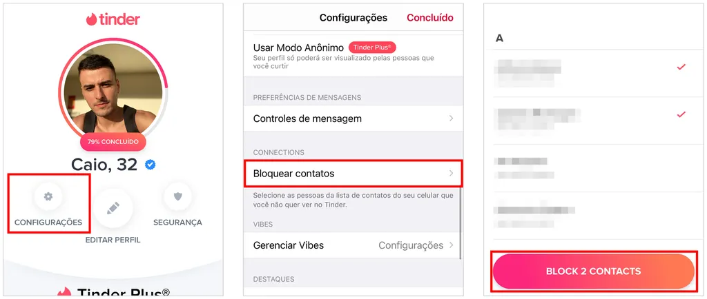 Como acessar a lista de contatos para bloquear alguém no Tinder (Captura de tela: Caio Carvalho)