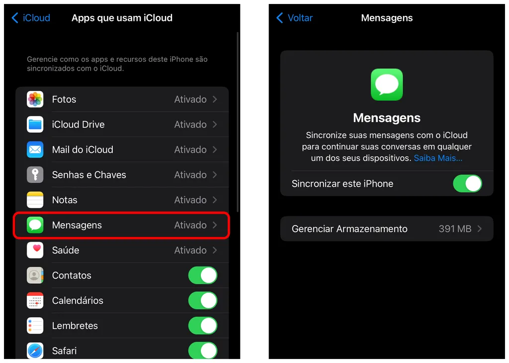 Ative o iCloud para sincronizar suas mensagens (Captura de tela: Thiago Furquim/Canaltech)