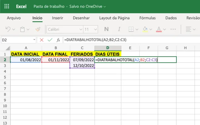 Cálculo para descobrir dias úteis e feriados no Excel (Captura de tela: Caio Carvalho)
