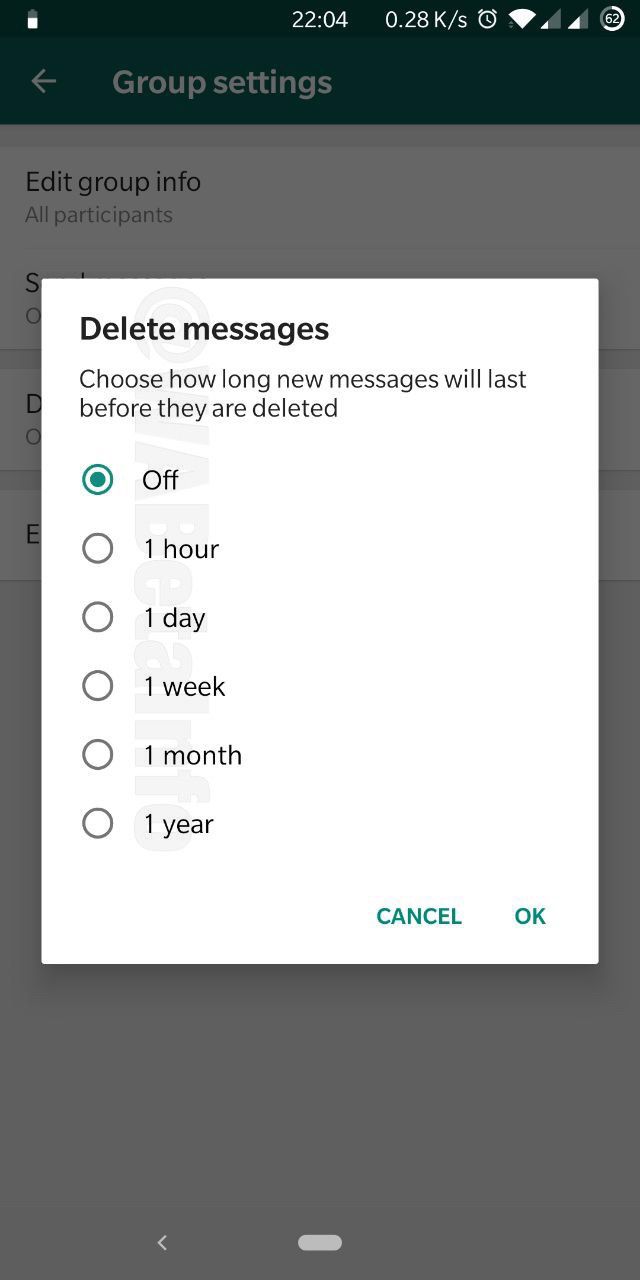 Opções de tempo que uma mensagem pode ser visualizada antes de ser apagada automaticamente (Imagem: WABetaInfo)